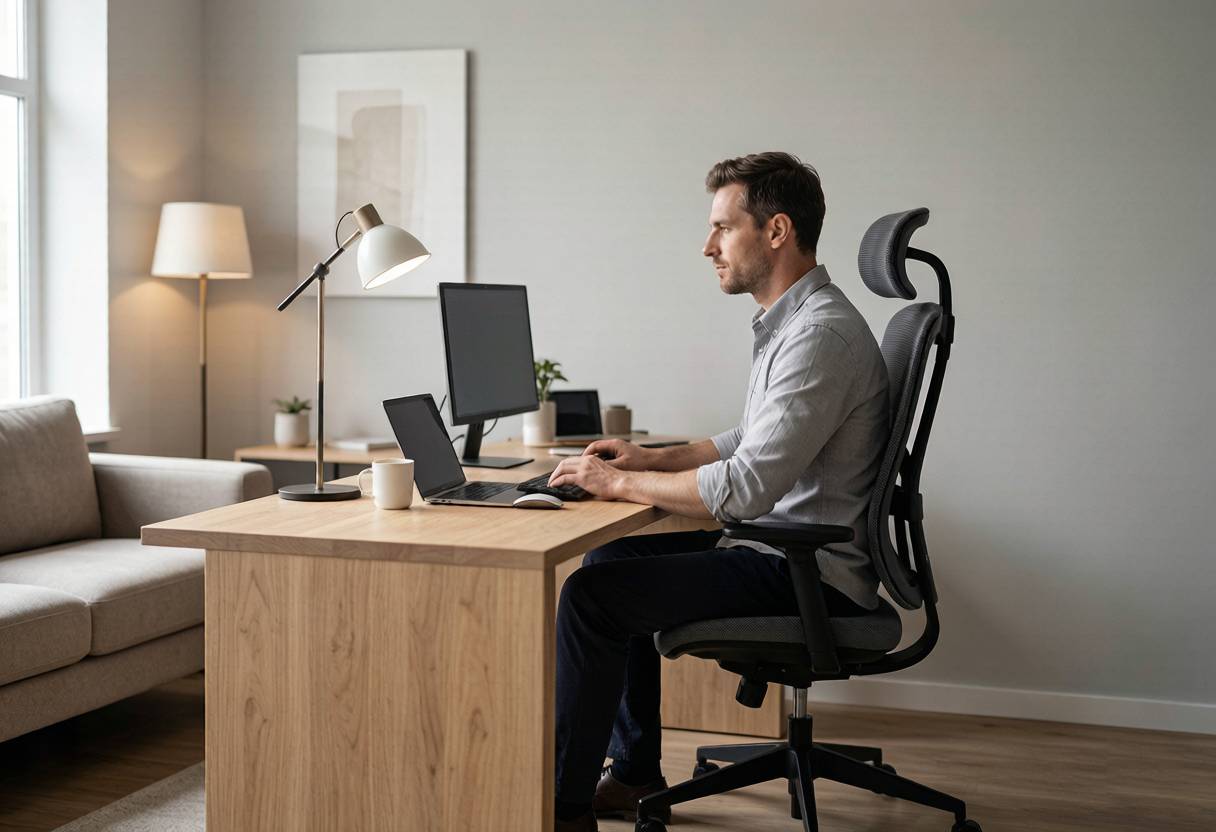 Comfortable home office corner with a modern chair and warm natural light