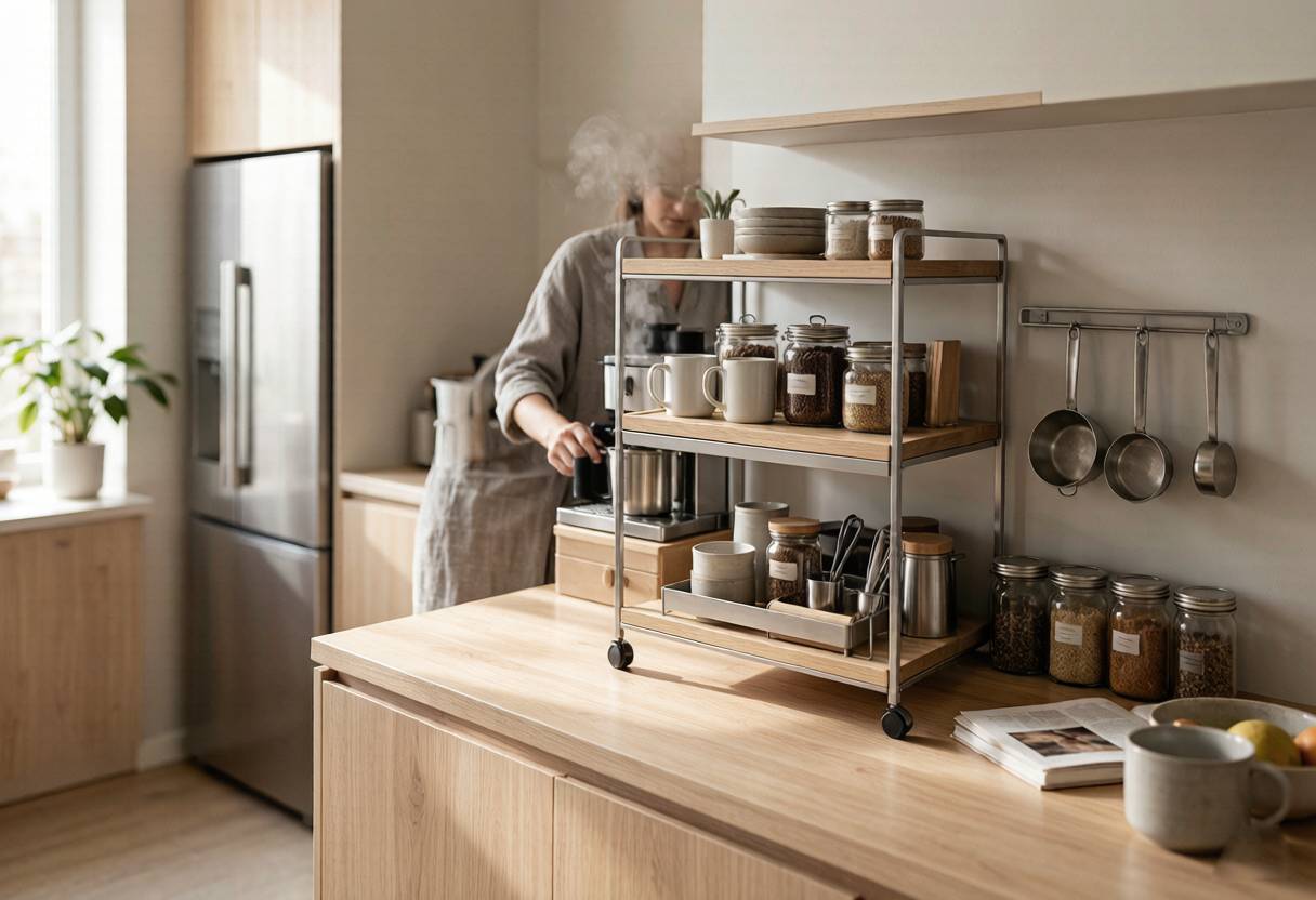 Organized kitchen shelves with containers and daily-use storage products